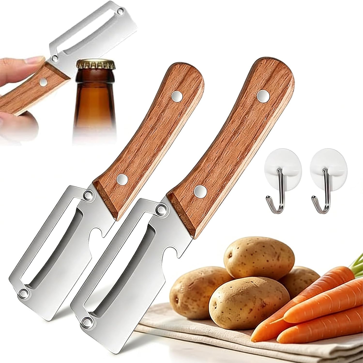 Zero Snag Wooden Kitchen Tool, 2 in 1 Multifunctional Vegetable Peeler & Cutter, Premium Grade Stainless Steel Fruit and Veg Peeler for Kitchen, includes Bottle Opener (2PCS)