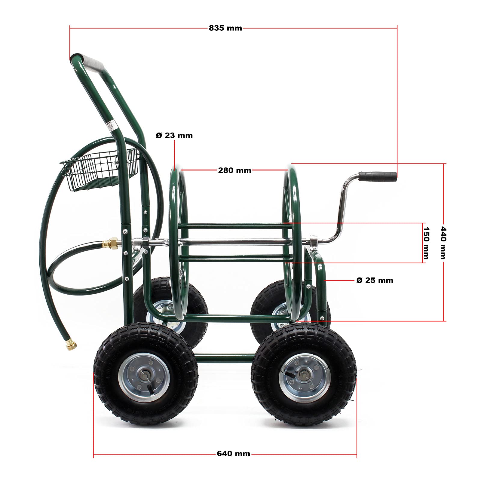 Wiltec Chariot Tuyau d'arrosage 76m 5/8" (16 mm) Enrouleur 4 Roues Ø 25cm Dévidoir sur Roues de Tuyau Dispositif Irrigation Mobile Jardin