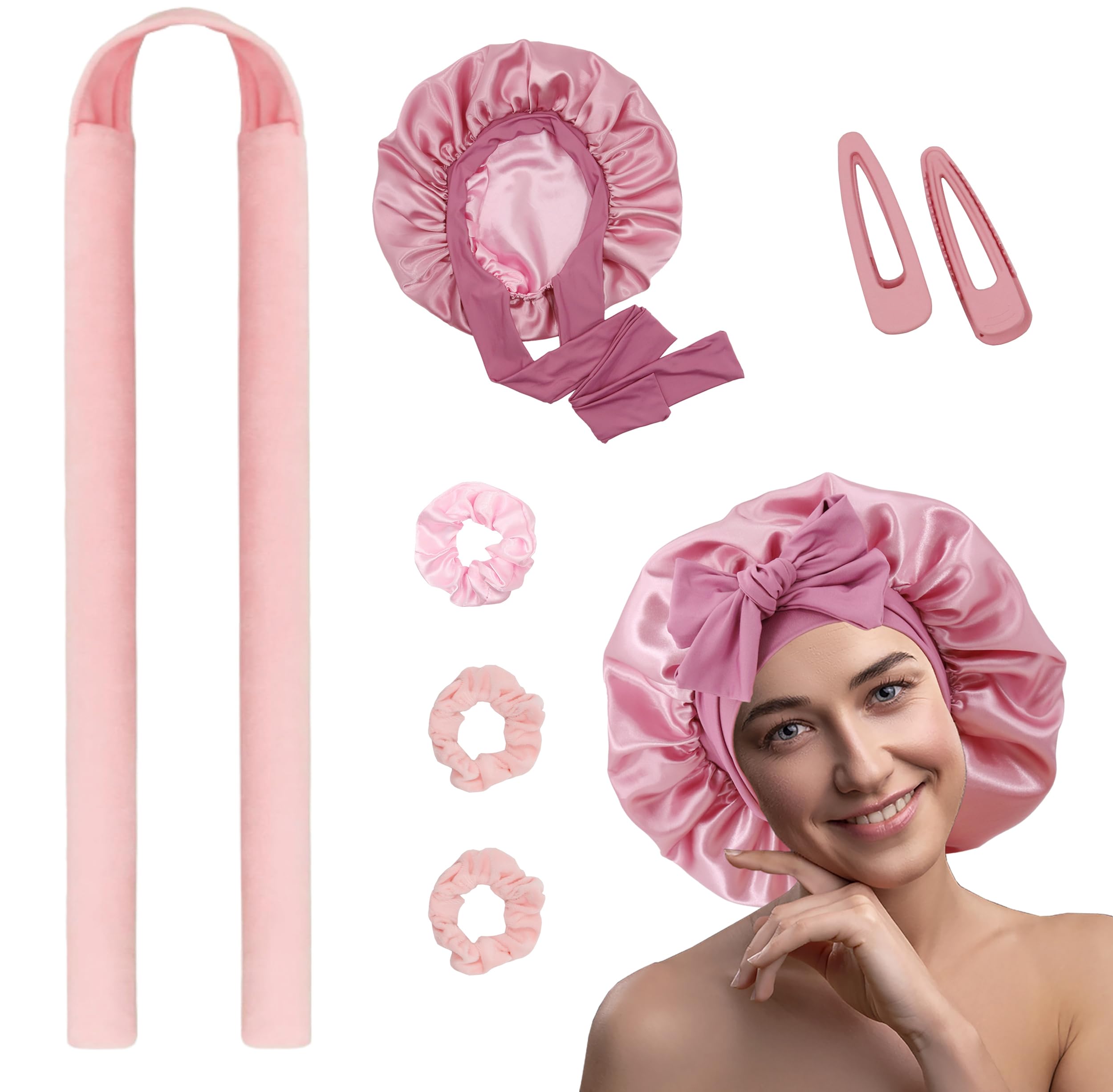 SENGTERM Heatless Hair Curler Overnight for Long Hair with Satin Bonnet - Heatless Curls No Heat Curling Rod Set for Sleeping