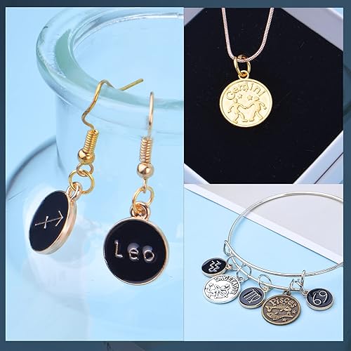 Miniatura 4 de 48 dijes de signo del zodiaco, 36 cuentas redondas de aleación de 12 constelaciones y 12 colgantes esmaltados del zodiaco chapados en oro para