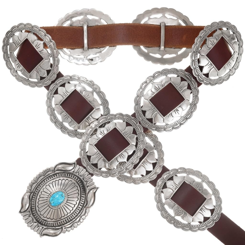Alltribes Jim Morrison Inspired Turquoise Silver Concho Belt Navajo Pattern on Custom Sized Genuine Leather 3338