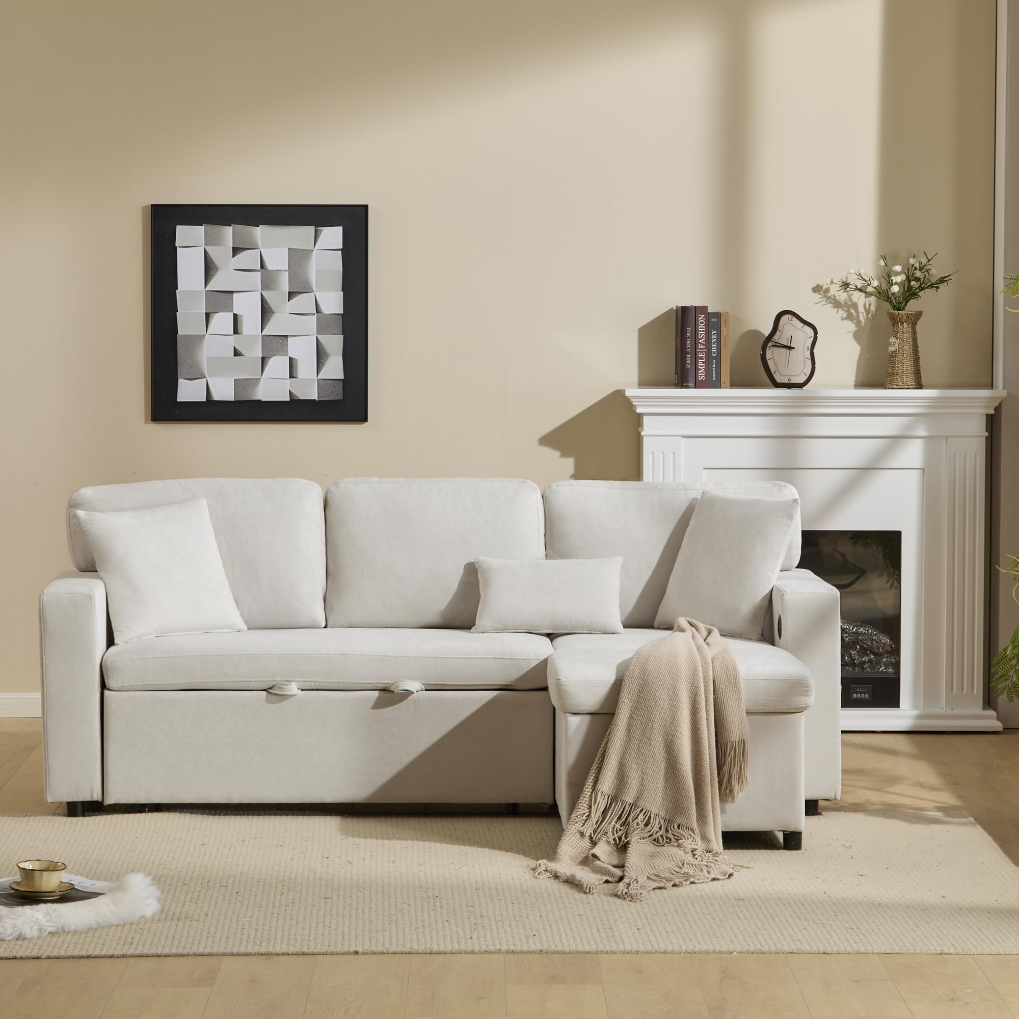 Zepneiy Divano letto estraibile con cassetta, grande divano a 3 posti a forma di L, con USB e ripiano integrato, dire mobili da soggiorno