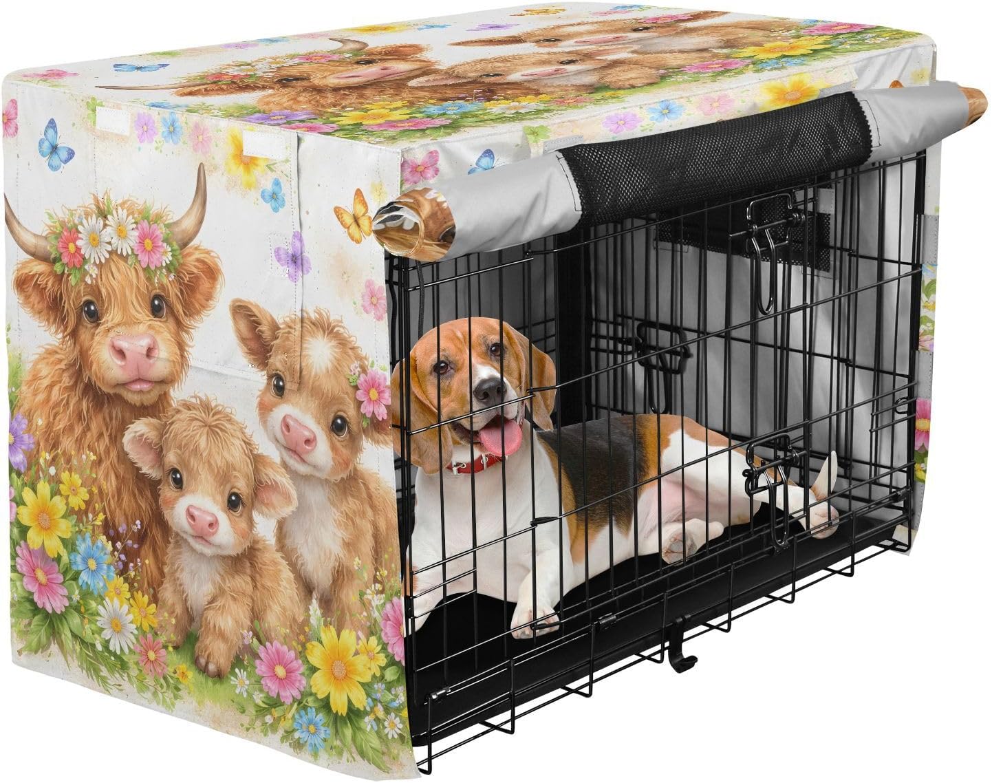 Cute Highland Cattles Dog Crate Cover 600D Oxford Pet Kennel Cover with Mesh Window for Dog Cages, Windproof Waterproof Machine Washable, 42"x28"x30"