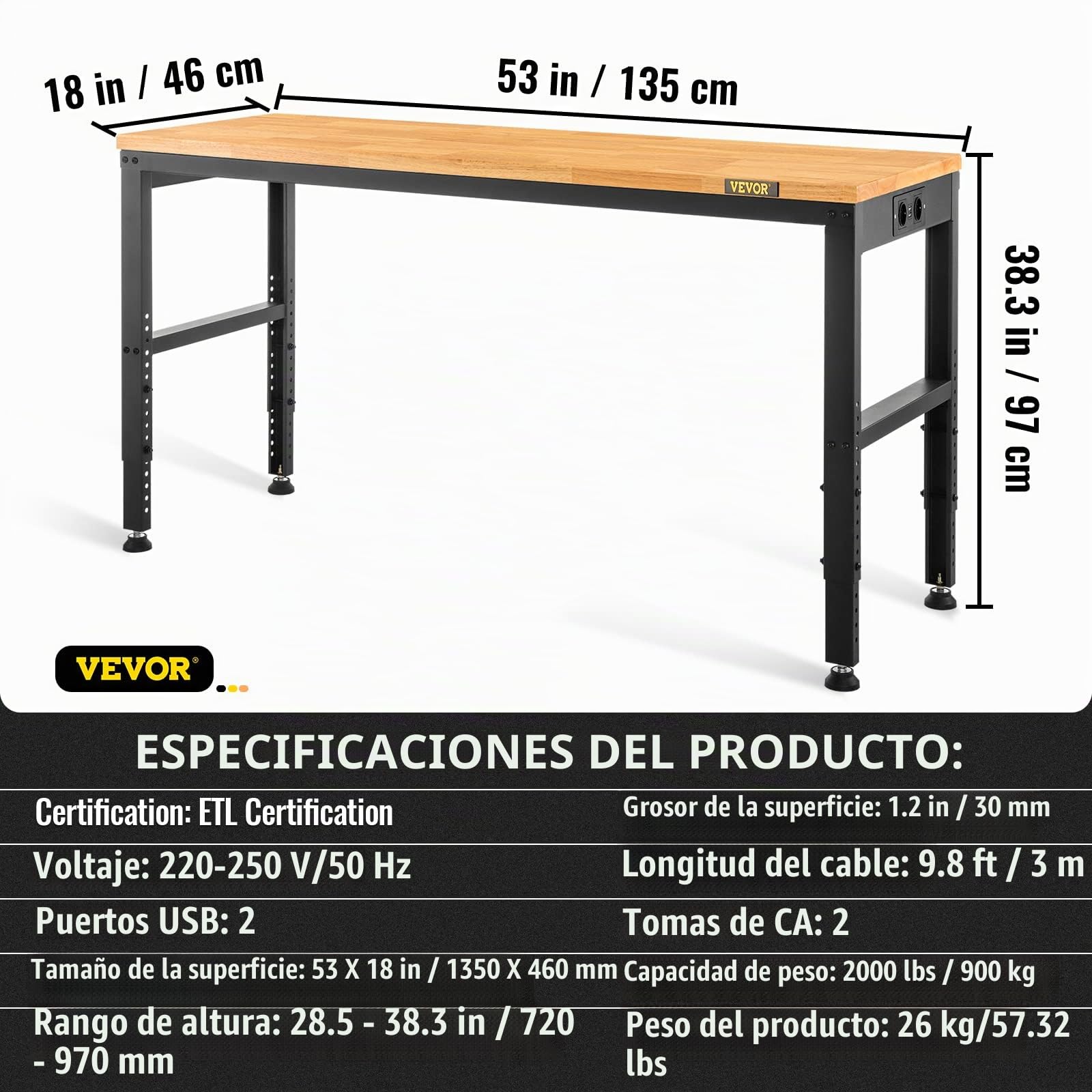 VEVOR Banco de Trabajo de Altura Ajustable, 135 cm de Ancho x 46 cm de Profundidad x 97 cm de Alto, Mesa de Garaje con 72-97 cm de Altura y Capacidad de Carga de 900 kg, con Tomas de Corriente, Parte