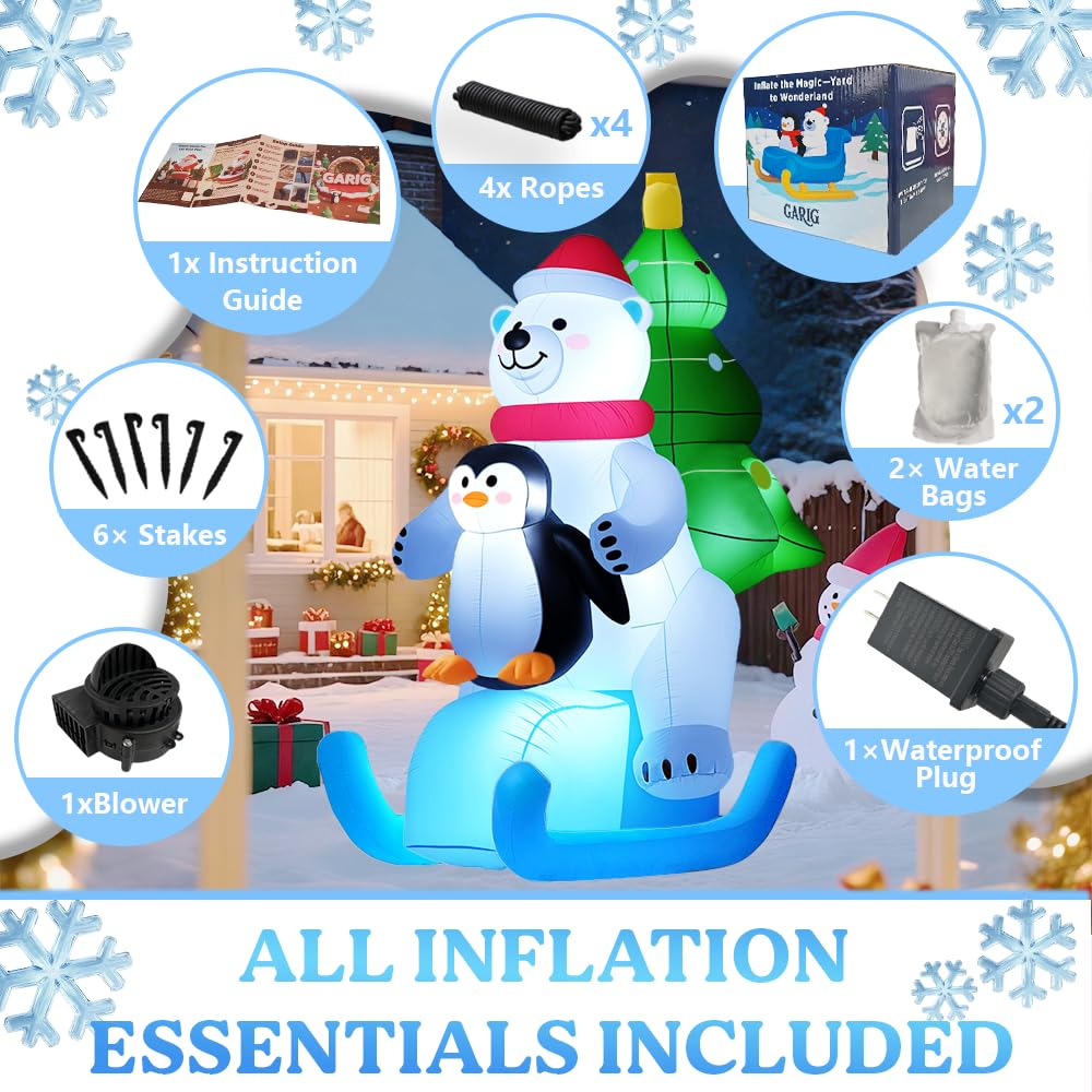 GARIG Ours blanc gonflable de Noël de 2,1 m avec pingouin - Décorations de jardin gonflables avec LED intégrées pour fête en plein air, cour, jardin