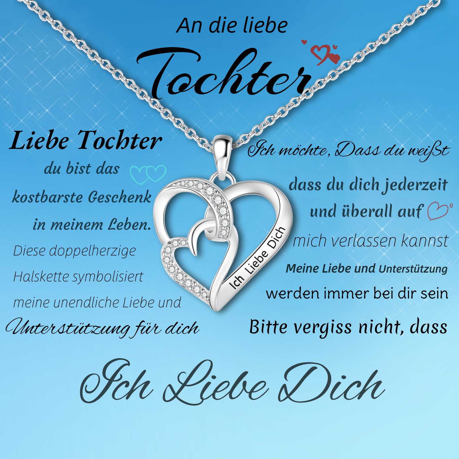Jbniuay Weihnachtsgeschenke für meine Tochter - Tochter kette, S925 Doppelherz-Anhänger mit Gravur Ich liebe dich halskette Tochter silber 925 mit Karte und Geschenk
