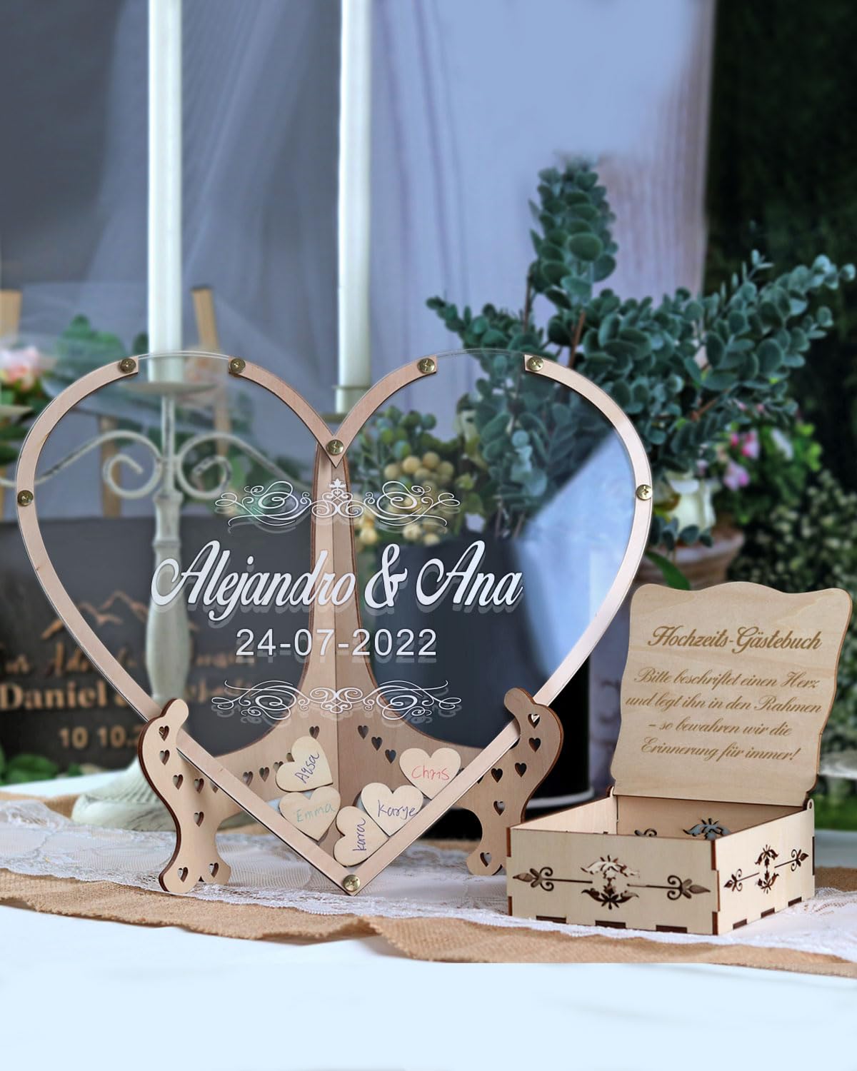Herz Hochzeit Gästebuch Alternative aus Acryl & Holz - Personalisiert mit Gravur für 30-200 Gäste (13 Designs & 10 Schriftarten wählbar) (Stil 2, Herz)