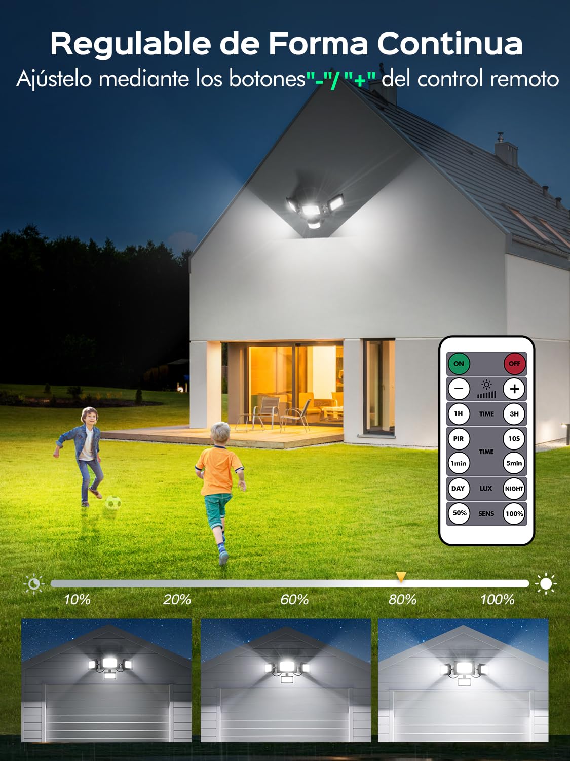 Projecteur LED avec détecteur de mouvement, 100 W, 10 000 lm, 3 têtes réglables, blanc froid 6 500 K, avec télécommande, étanche IP65, pour garage et jardin