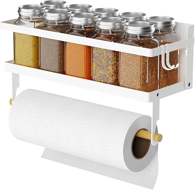 Spice Rack Magnetic Shelf with Paper Towel Holder Roll and Hooks, ARVINKEY Foldable Refrigerator Magnetic Spice Holder, Wall Mounted Seasoning Organizer Hanging Spice Storage Stand for Kitchen, White