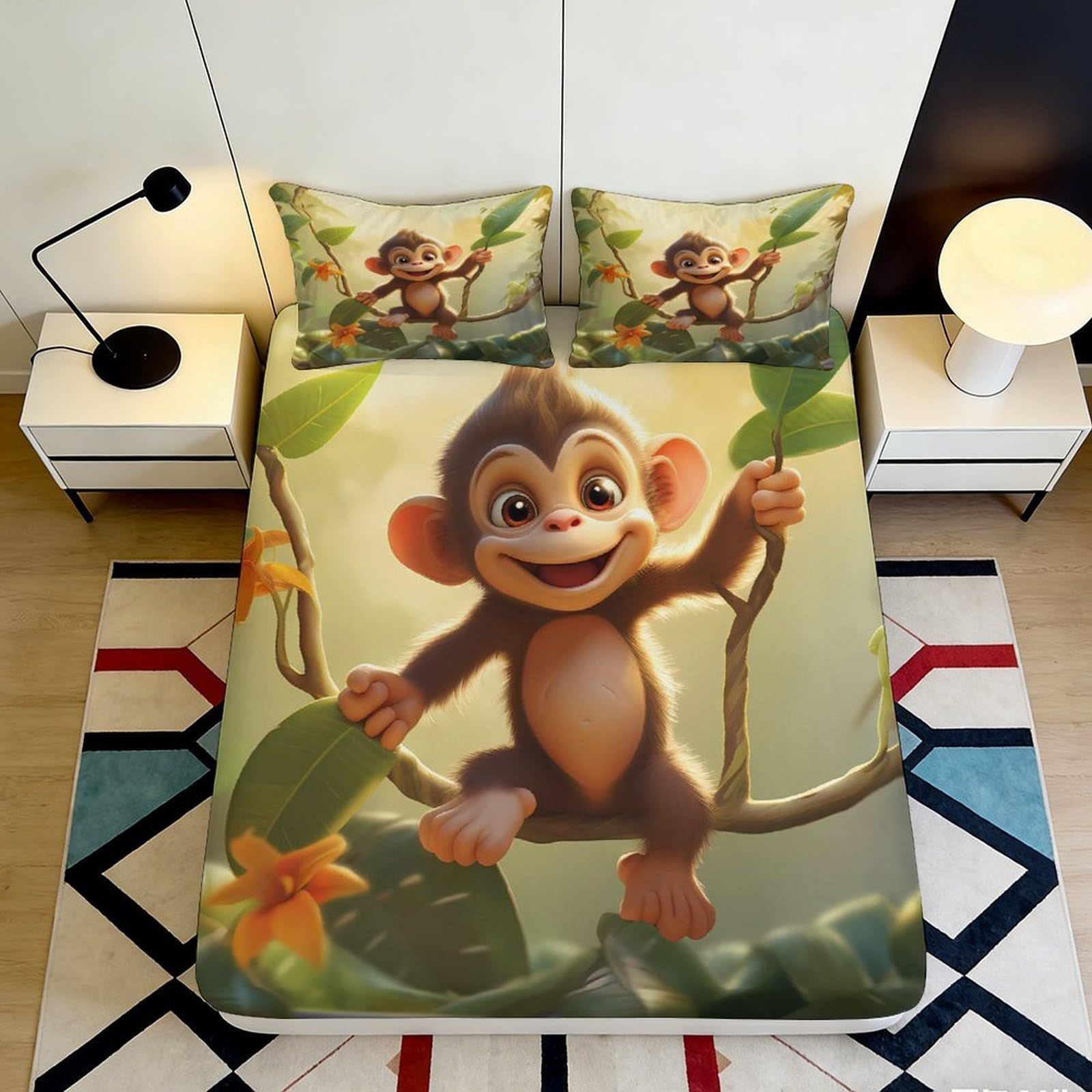 3D Printed Cartoon Monkey Fitted Sheet Microfiber Soft Breathable Jungle Mattress Cover for Bedroom Dorm Decor 90x200x25cm