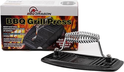 Miniatura 2 de BBQ Dragon Prensa para parrilla de hierro fundido – Prensa de hamburguesas, tocino y panini resistente de 2.9 libras – Pre sazonada para asar