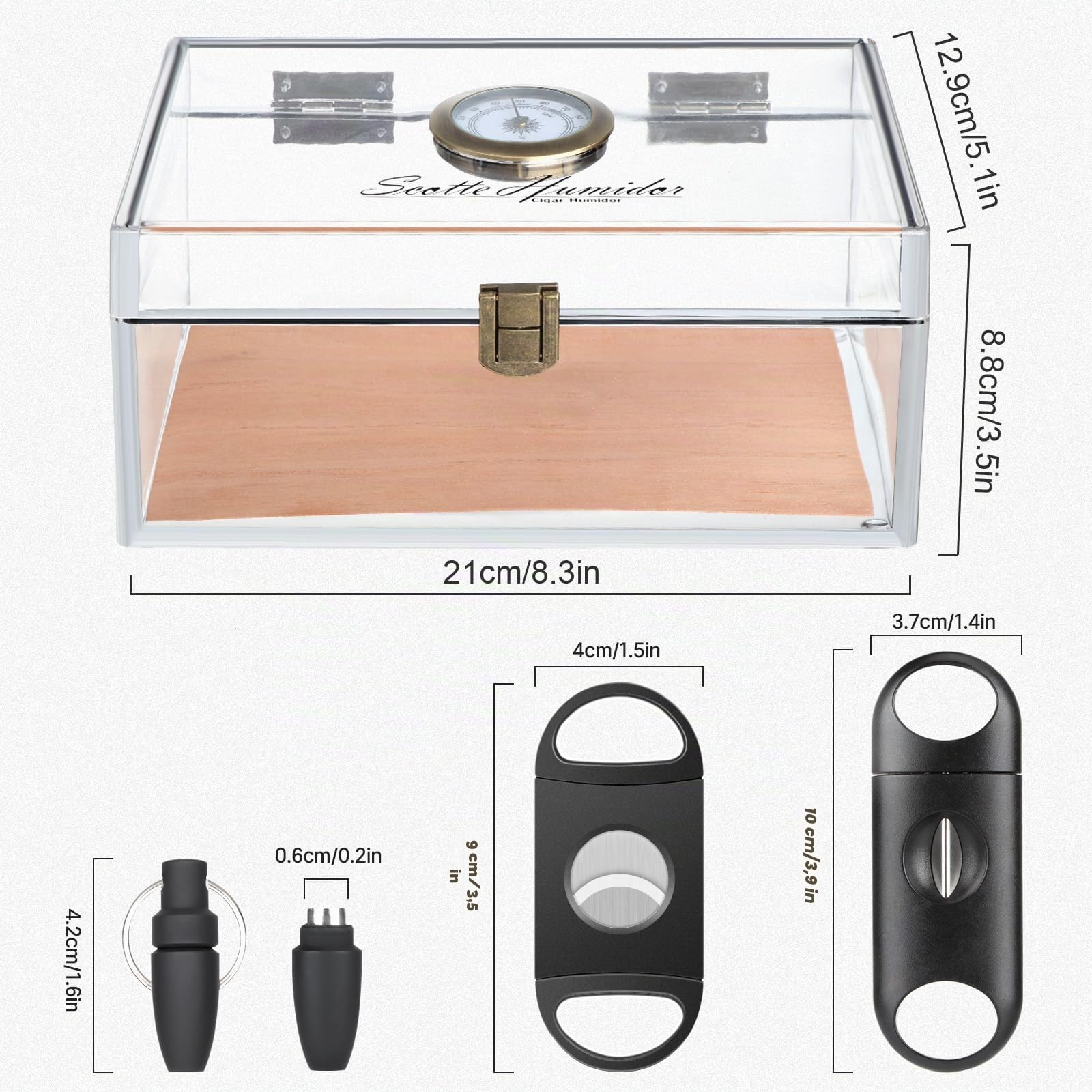Scotte Acryl Zigarre Humidor Jar/Etui/Box mit Luftbefeuchter und Hygrometer, Humidor, der ungefähr 20 Zigarren aufnehmen kann (Clear-1)