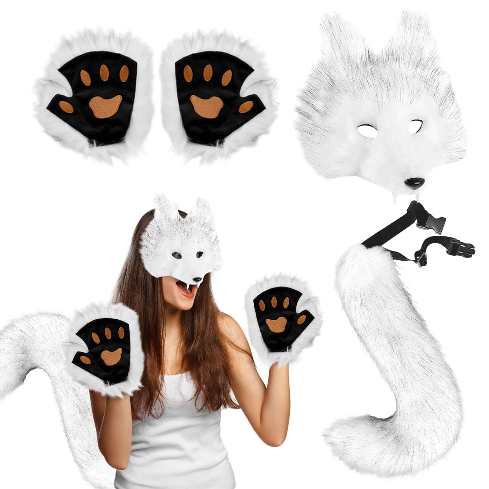 Halloween Werewolf Mask Gloves & Tail Set Realistic Wolf Mask,Furry Gloves &Tail,Complete Wolf Costume Cosplay Christmas