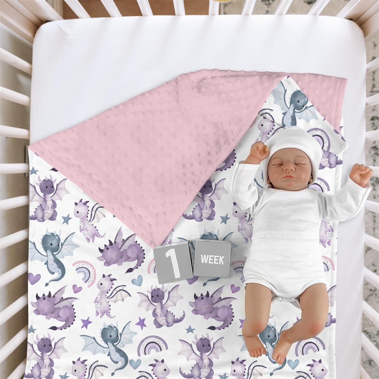 HawSkgFub Cute Purple Blue Dragons Mink Baby Blankets Dotted Backing Girls Shower Gift, Dragon Lover Rainbow Heart Star Double Layer Nursery Swaddle, Soft Newborn Infant Toddler Bed Crib Bedding 30x40