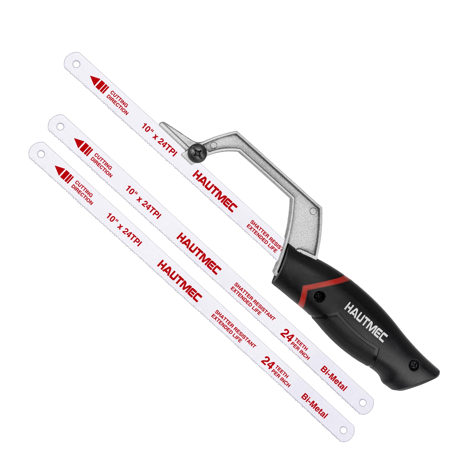 HAUTMEC HT0426 10 Inch Compact Hacksaw with 3 HSS Bi-Metal Blades, Aluminum Frame, Cutting Guide Design, Small Hand Saw for Cutting Metal, Plastic, PVC and