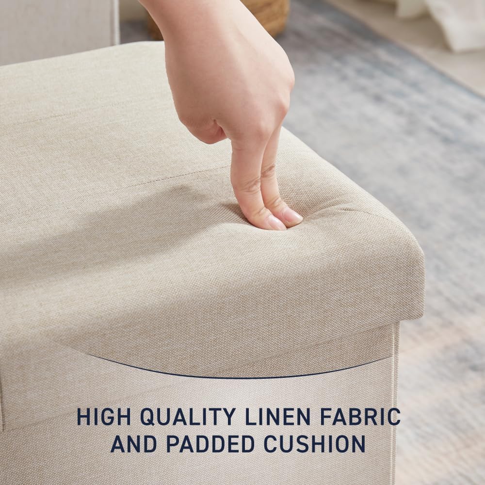 43 Inches Folding Storage Ottoman Bench, Ottoman Foot Rest, Storage Chest, End of Bed Foot Rest Stool with Padded Seat for Living Room, Bedroom, Entryway, Support 660lbs, Linen, Beige