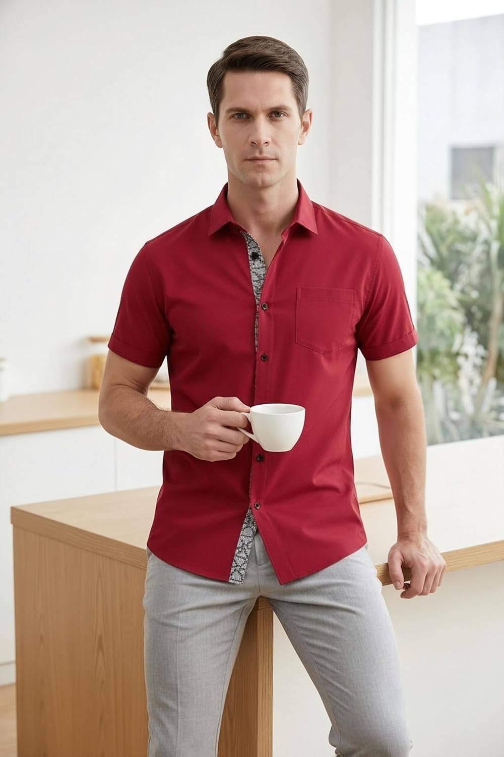 Esabel.C Mens Short Sleeve Dress Shirts 4-Way Stretch Regular Fit Stretch Wrinkle-Free Casual Button Down Shirts