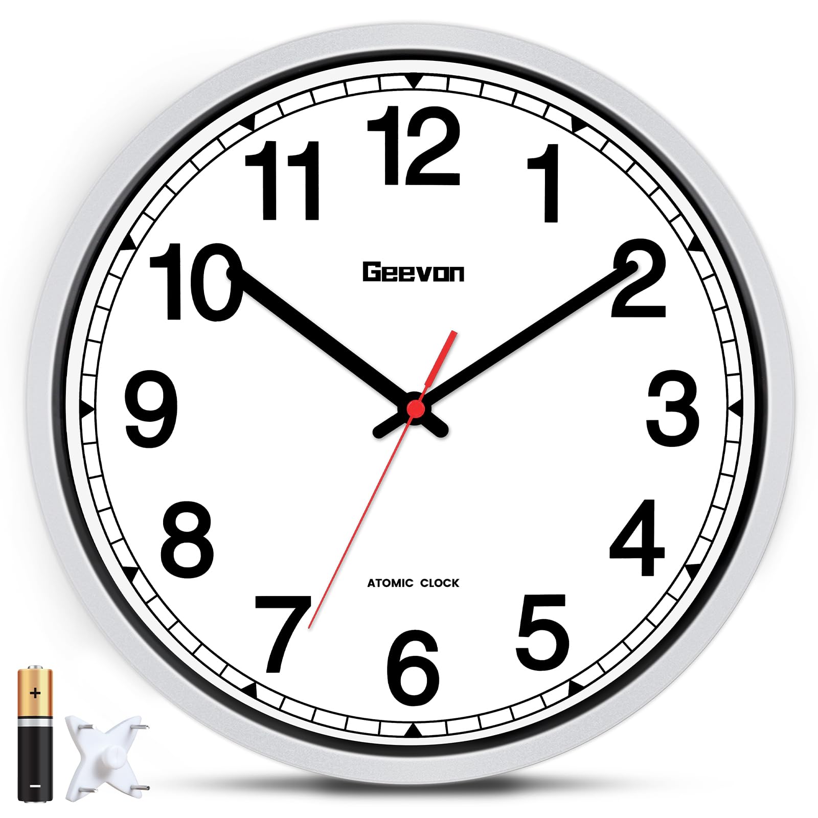 Geevon 40,6 cm große Atomwanduhr, selbsteinstellende analoge Uhr mit automatischer Zeitsynchronisation, batteriebetrieben für Zuhause, Büro, Schule, silberner Rahmen