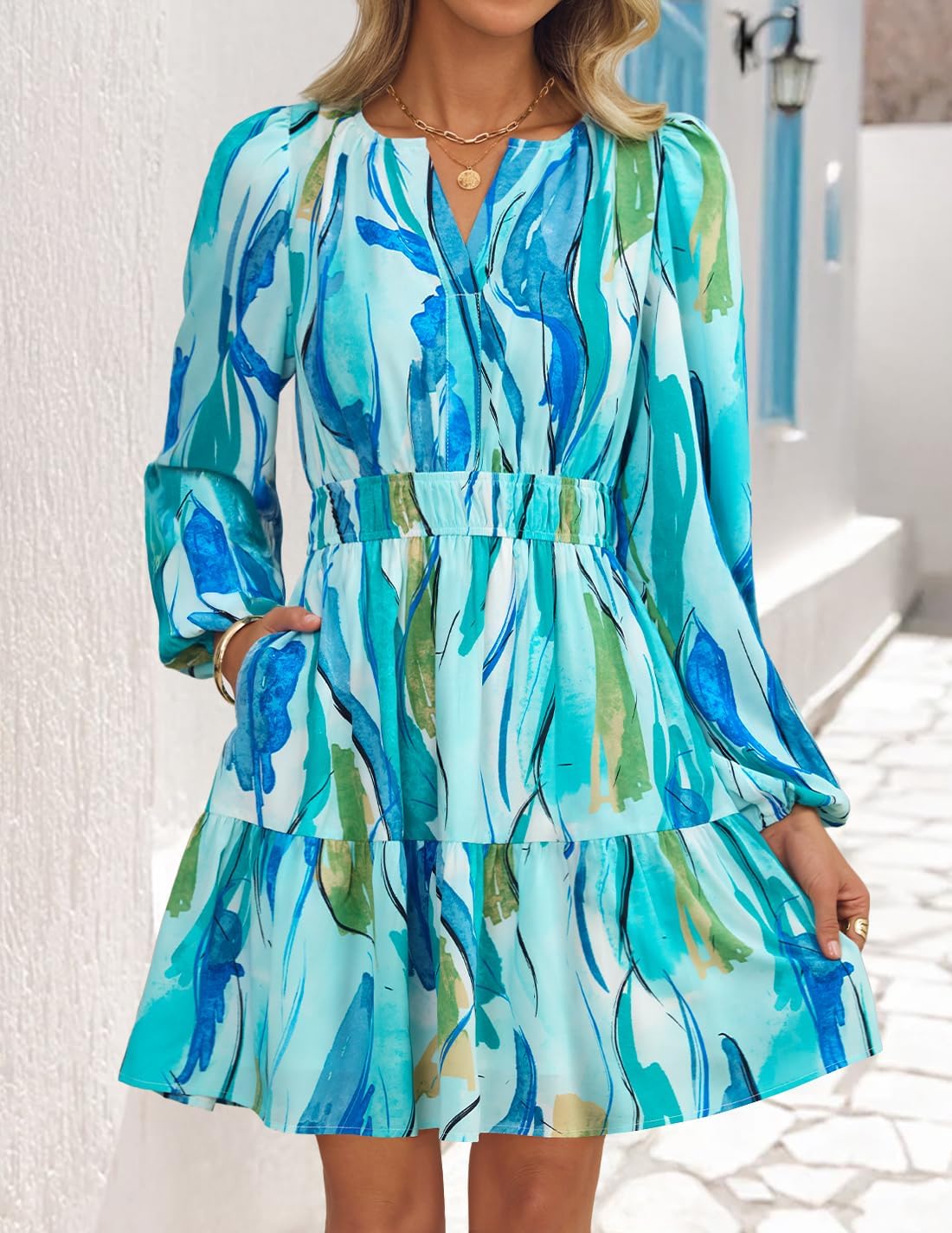 ZESICA Womens Spring Long Sleeve Floral Mini Dress 2026 Summer Boho V Neck A-Line Flowy Dresses Beach Vacation Clothes - Image 2