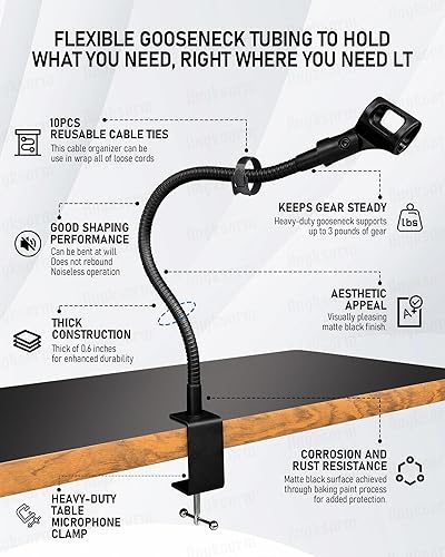 Miniatura 3 de Soporte de micrófono de cuello de cisne flexible de 19 pulgadas con abrazadera de escritorio resistente para podcast, reuniones, conferencias,