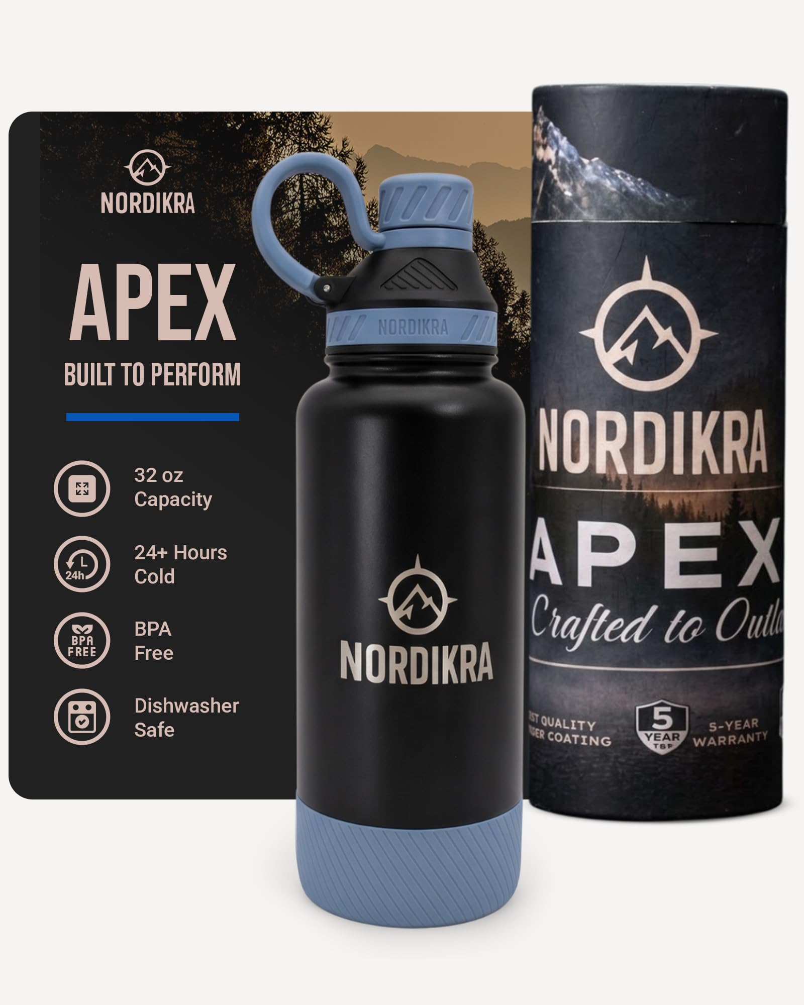 Insulated Stainless Steel Water Bottle, Leakproof, 32oz, Blue