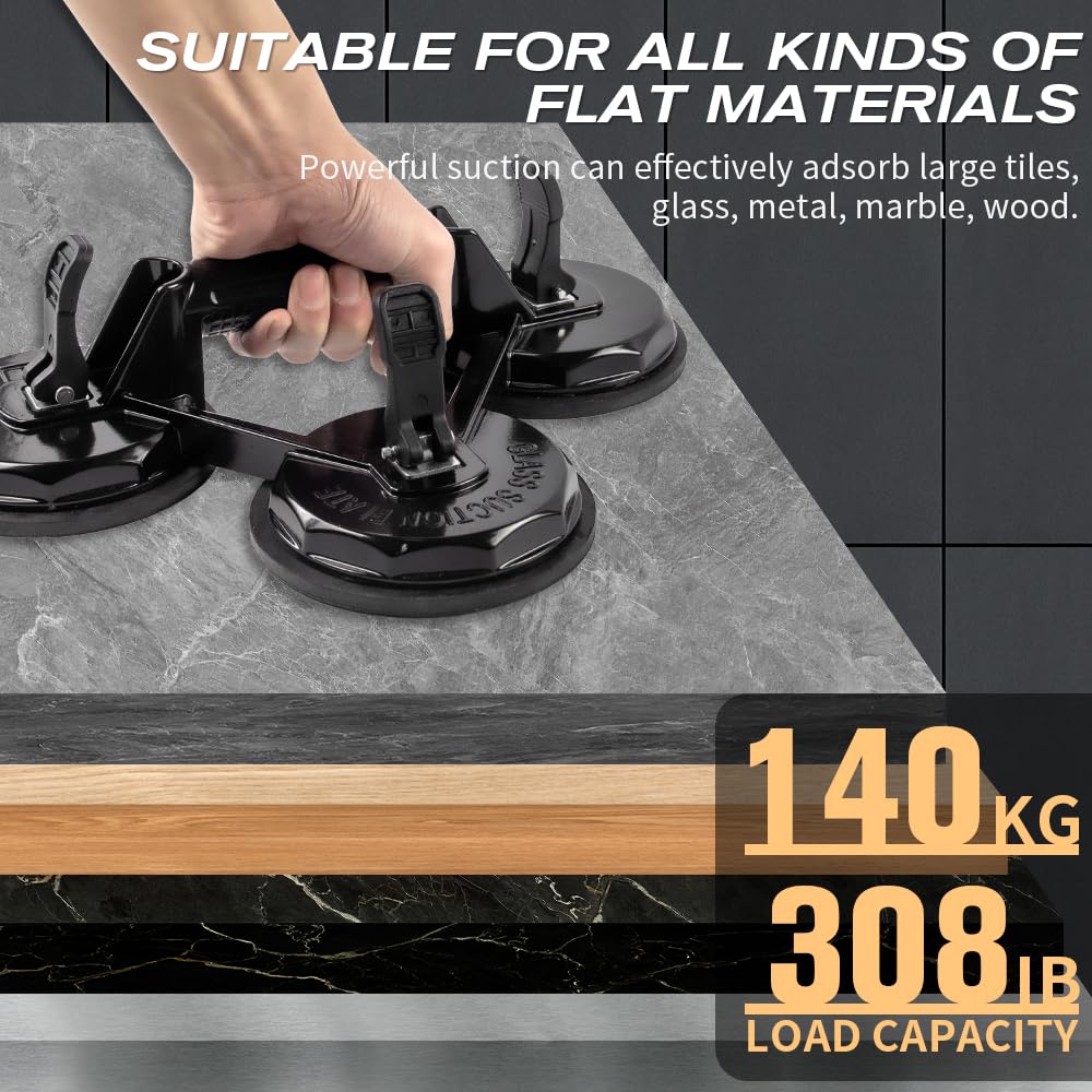 BAUSATZ 140kg Ventose per Aspiratori di Vetro Sollevatori Ventose per Sollevare Grandi Piastrelle di Vetro Aspirazione Sollevatore Auto Dent Puller (Alluminio, Nero, 3 Artiglio, 2 Pacchi)