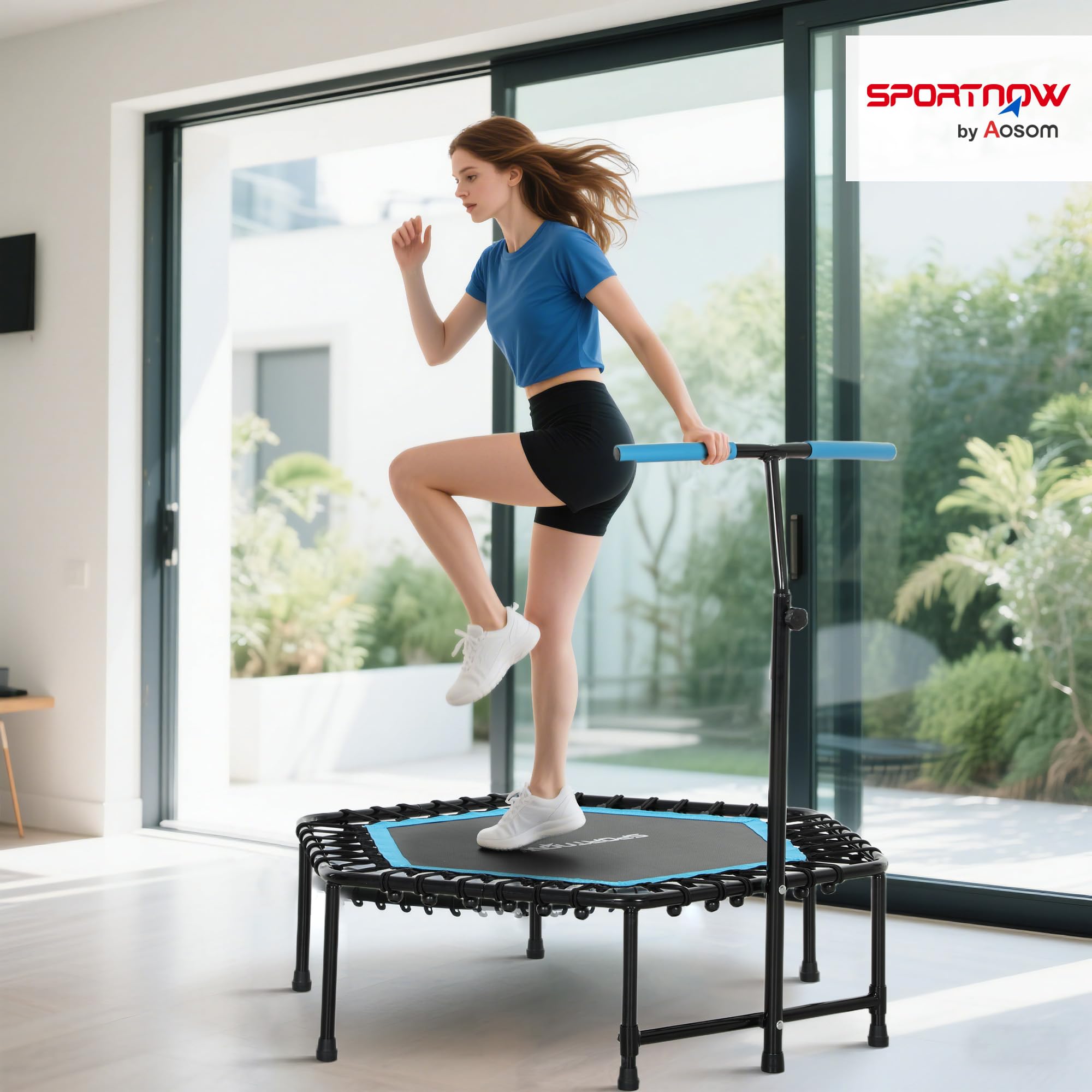 SPORTNOW Trampolín de Fitness 114x114x132 cm Cama Elástica Fitness con Mango Ajustable de 3 Niveles Marco de Acero para Entrenamiento Piernas Cuerpo en Hogar Oficina Gimnasio