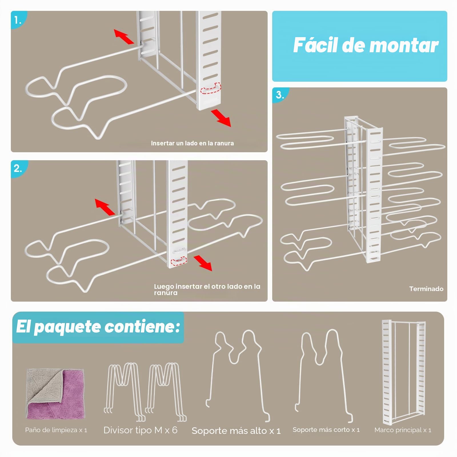 Myiosus Soporte para tapas de ollas, soporte para sartenes con 3 métodos de instalación, organizador de sartenes con 8 compartimentos ajustables, organizador para armario de ollas, sartenes y tapas