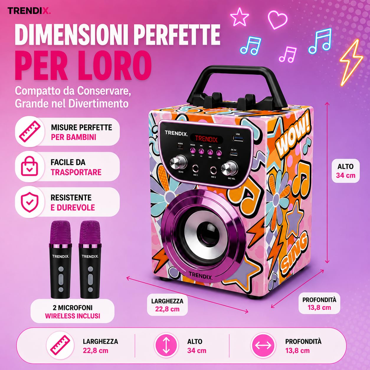 Trendix - Karaoke Per Bambini Magic Melody | Cassa Bluetooth Con Microfono, Radio Fm, Usb | Cassa Karaoke Con 2 Microfoni | 2 Microfoni Bluetooth | Regalo