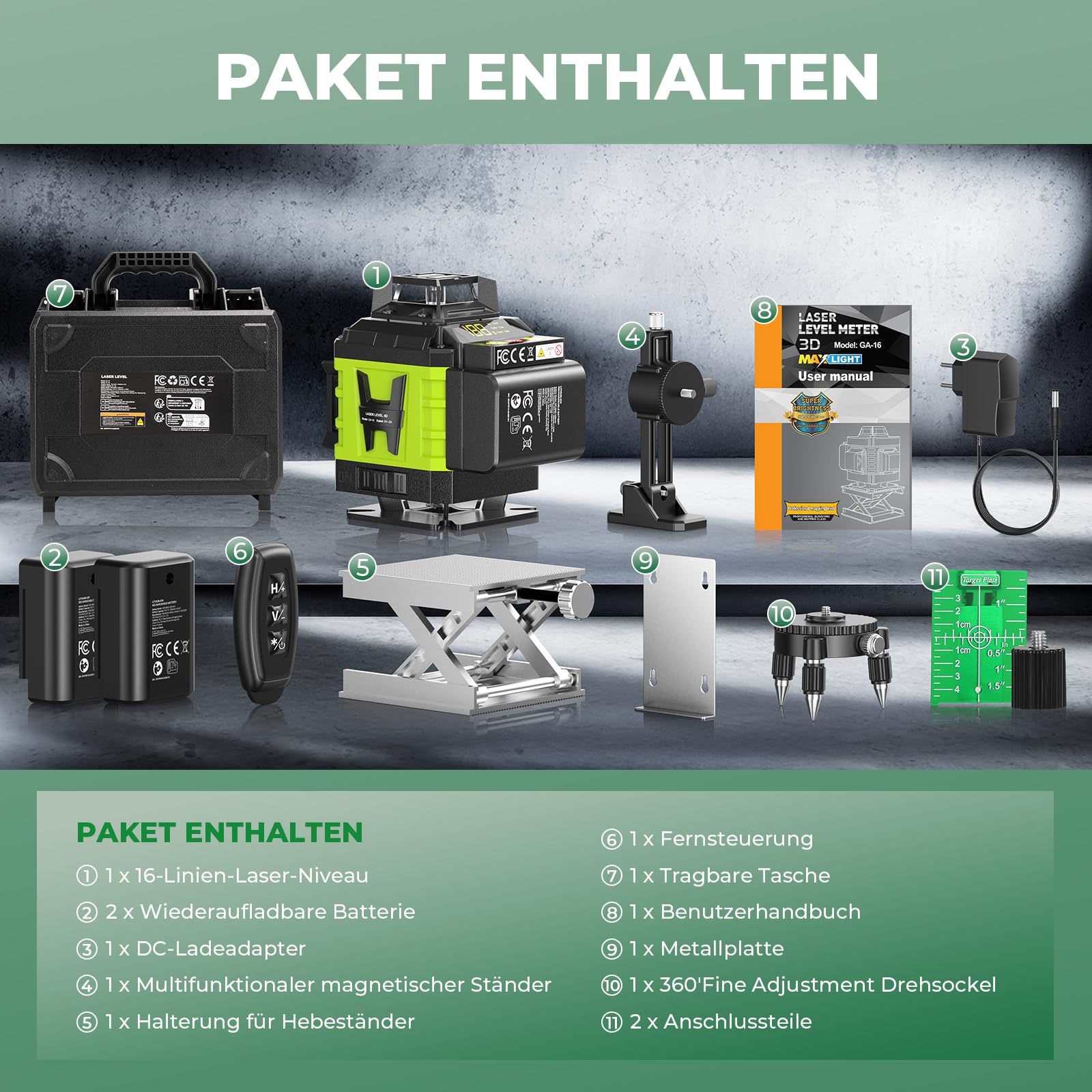 Kreuzlinienlaser Grün 16 Linien Nivellierlaser, 4 x 360 ° Laser wasserwaage, linienlaser kreuzlaser selbstnivellierend für Innenbereich Baustelle, 2 x Batterie Vermessungskabine