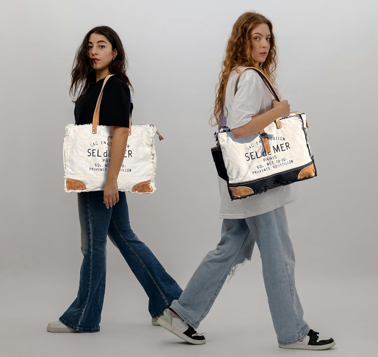 RUSTIC TOWN Canvas Leather Tote Bag for Women - Sel De Mer Upcycled Canvas Shoulder Hobo Travel Handbag Ladies Purse Satchel - Image 2