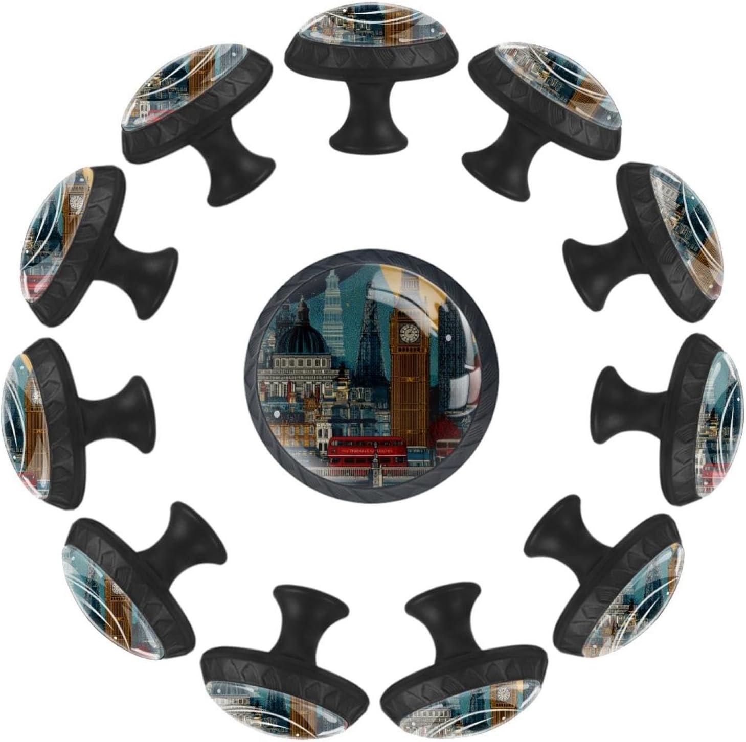 Black Finish London Symbols Decorative Drawer Knobs, Modern Cabinet Pulls for Bathroom Cupboard, Durable ABS Glass Hardware