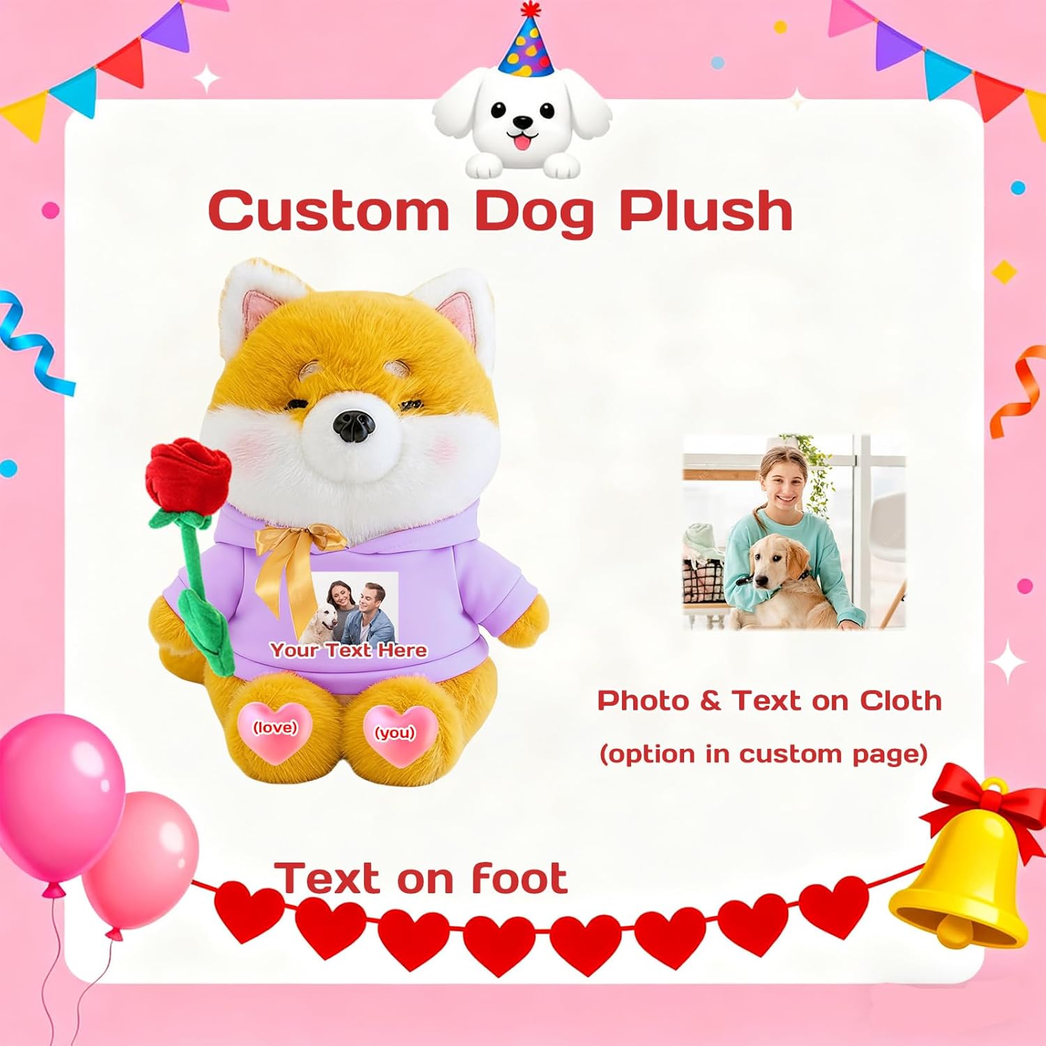 Custom Dog Plush Toys for Kids Adults, Personalized Puppy Stuffed Animal with Photo Name Dog Stuffed Animal Plush for Men Women as Gifts for Christmas Birthday, 8 inch