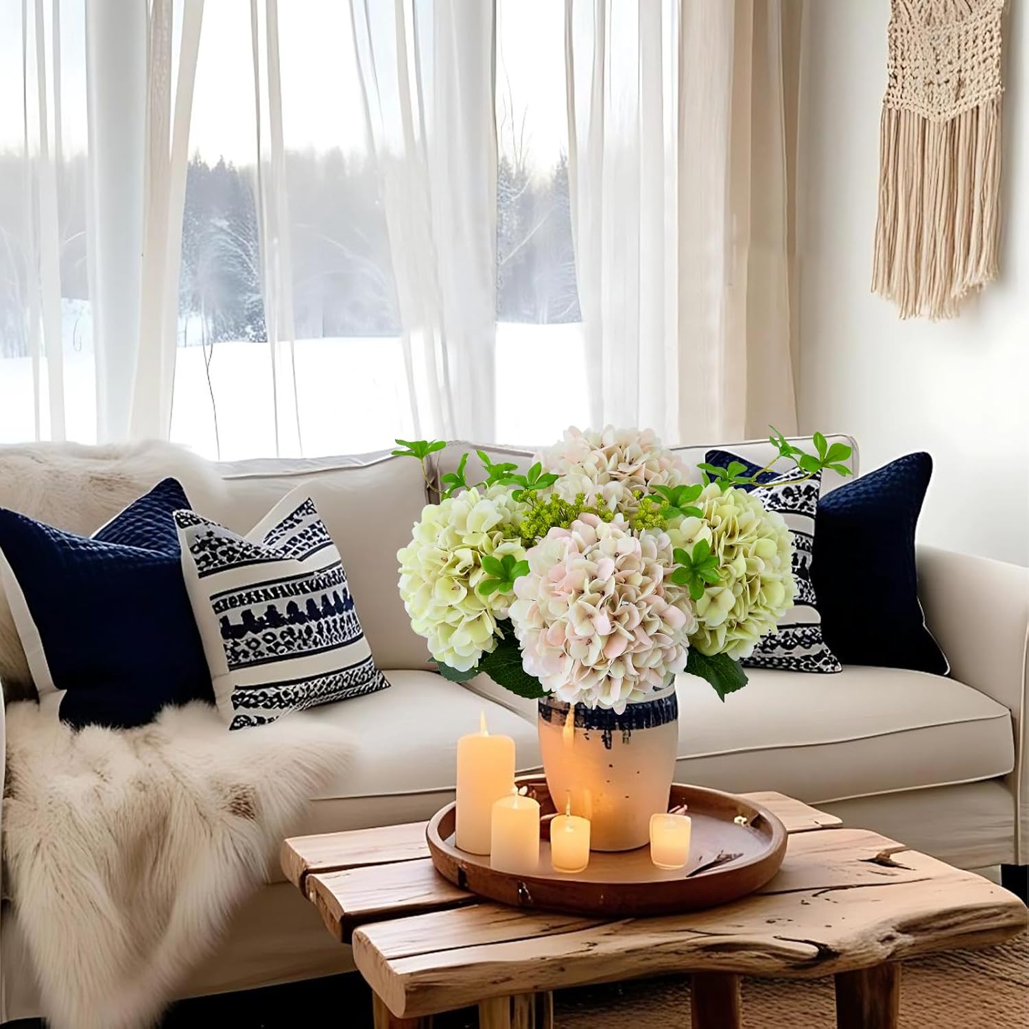 ZYTUYO 3PCS Ivory Green Hydrangea Artificial Flowers 20" Large Fake Latex Real Touch Hydrangeas Flowers with Stems Faux Silk Bouquet for Indoor Home Decor Table Wedding Party Floral Outdoor
