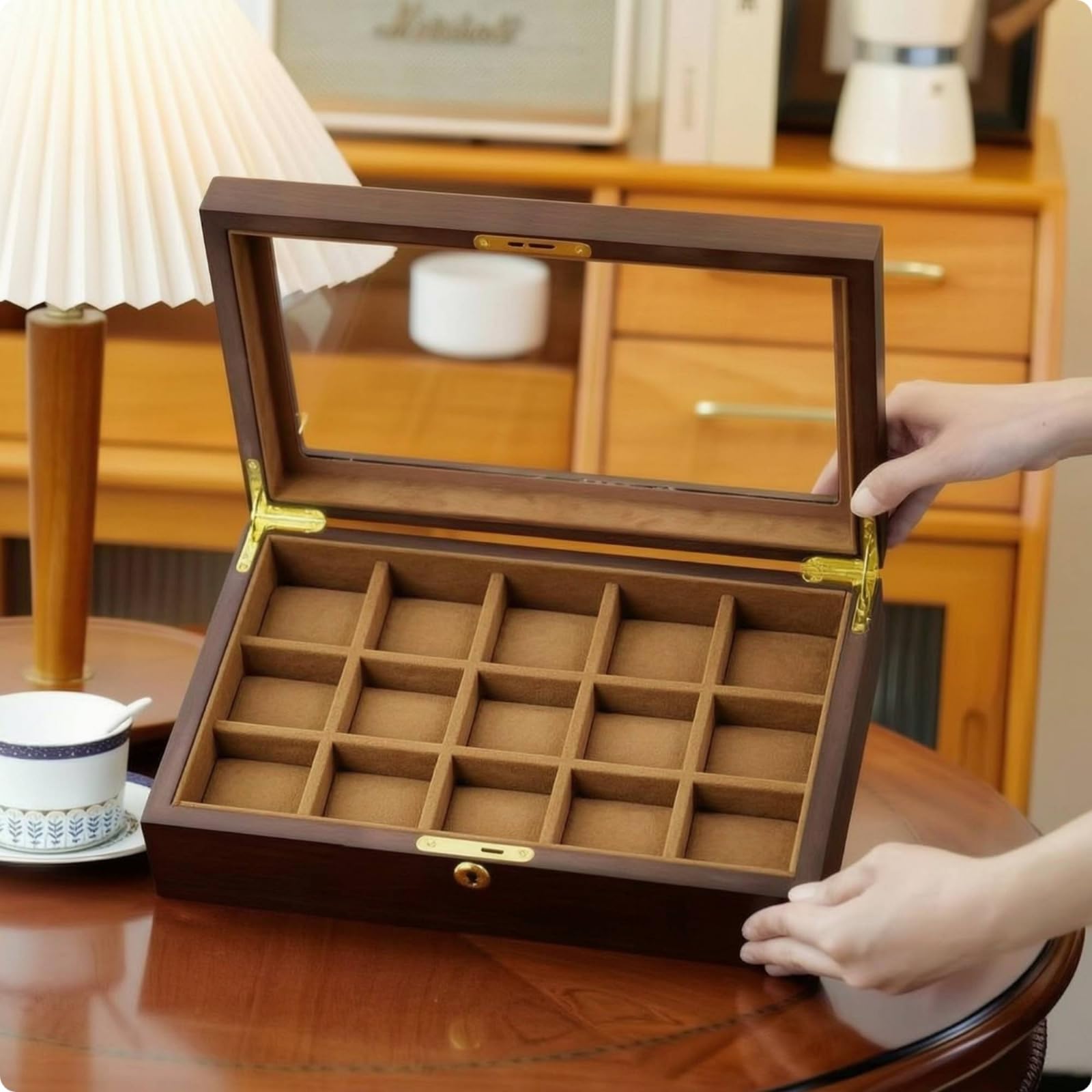 Caja Relojes Acolchado Estuche con Tapa Transparente Organizador para Coleccionistas, Caja De Madera De Nogal De 12 Ranuras