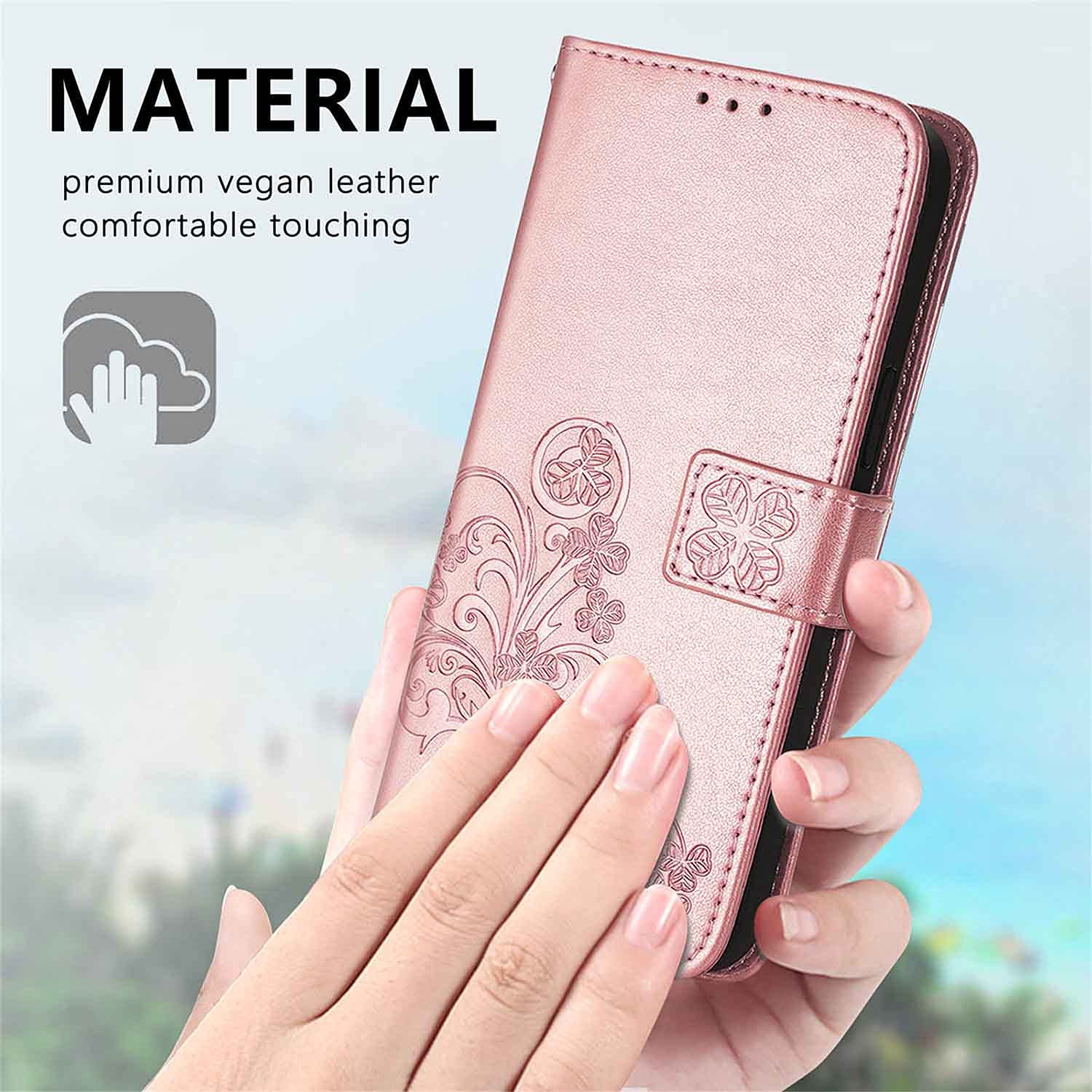 Custodia A Libro Con Magnetica E Portafoglio Per Motorola Moto G82 5G – Trifoglio Fortunato, Pelle PU, Rosa Oro