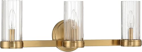 Miniatura 4 de Izzy - Lámpara de tocador de 3 luces de metal y vidrio transparente acanalado, oro cepillado