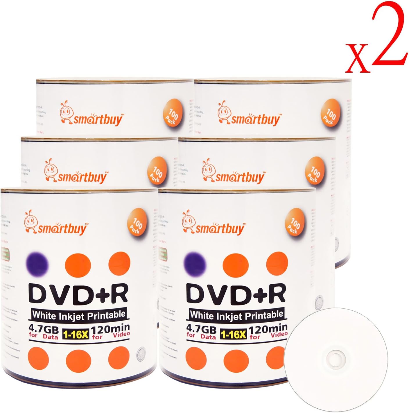 Smartbuy 1200-disc 4.7gb/120min 16x DVD+R White Inkjet Hub Printable Blank Data Recordable Media Disc