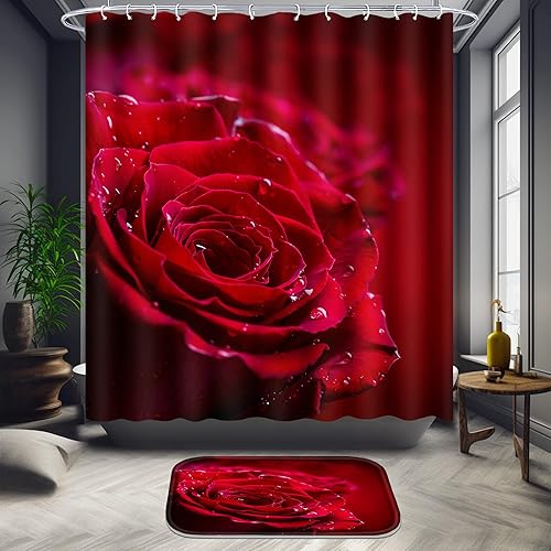 Miniatura 8 de Poedist Juego de 4 cortinas de baño con diseño de rosas azules, juego de cortinas de ducha florales con alfombras (tapete de baño, forma de U y