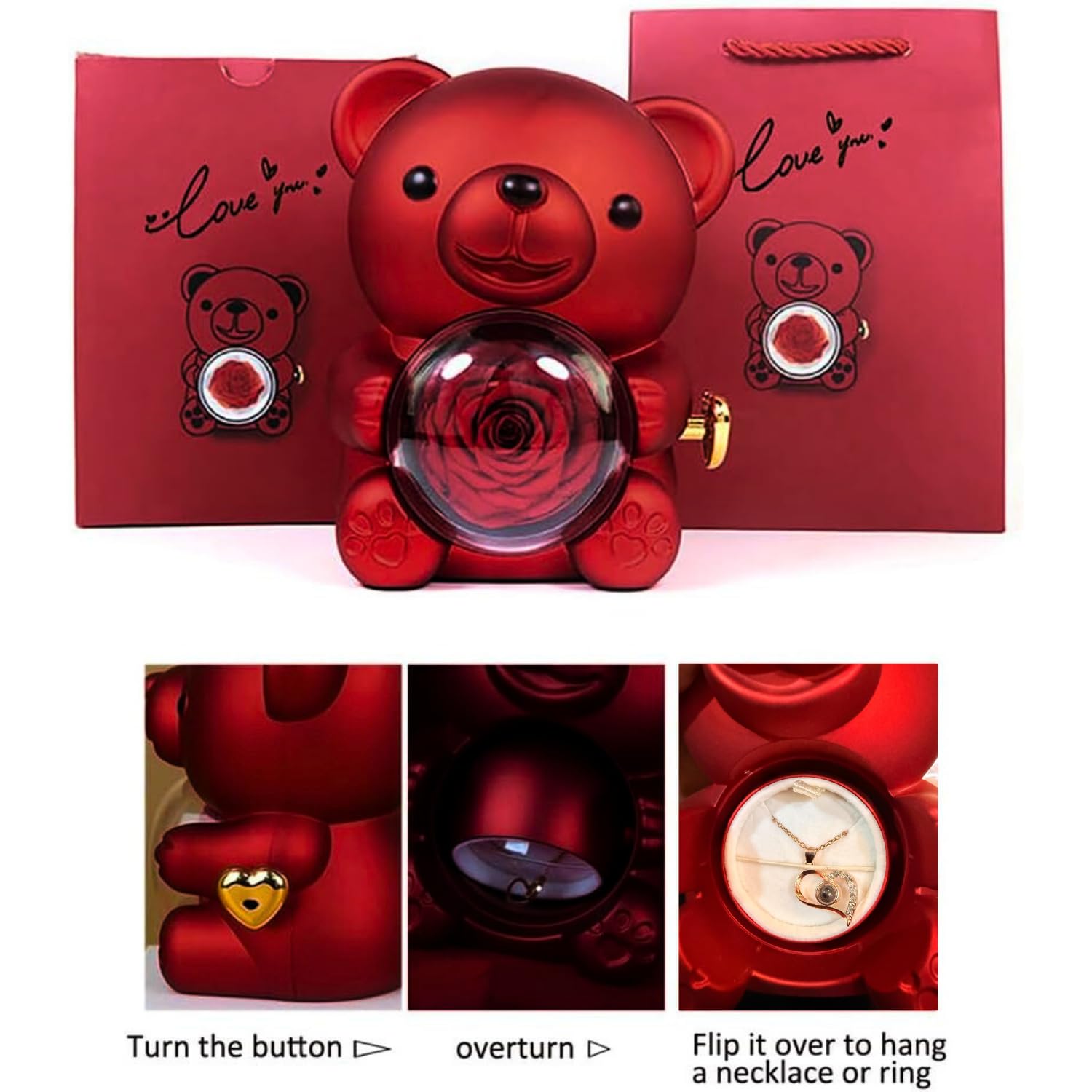 Romantic Teddy Bear Gift with Rose & Necklace - I Love You -8