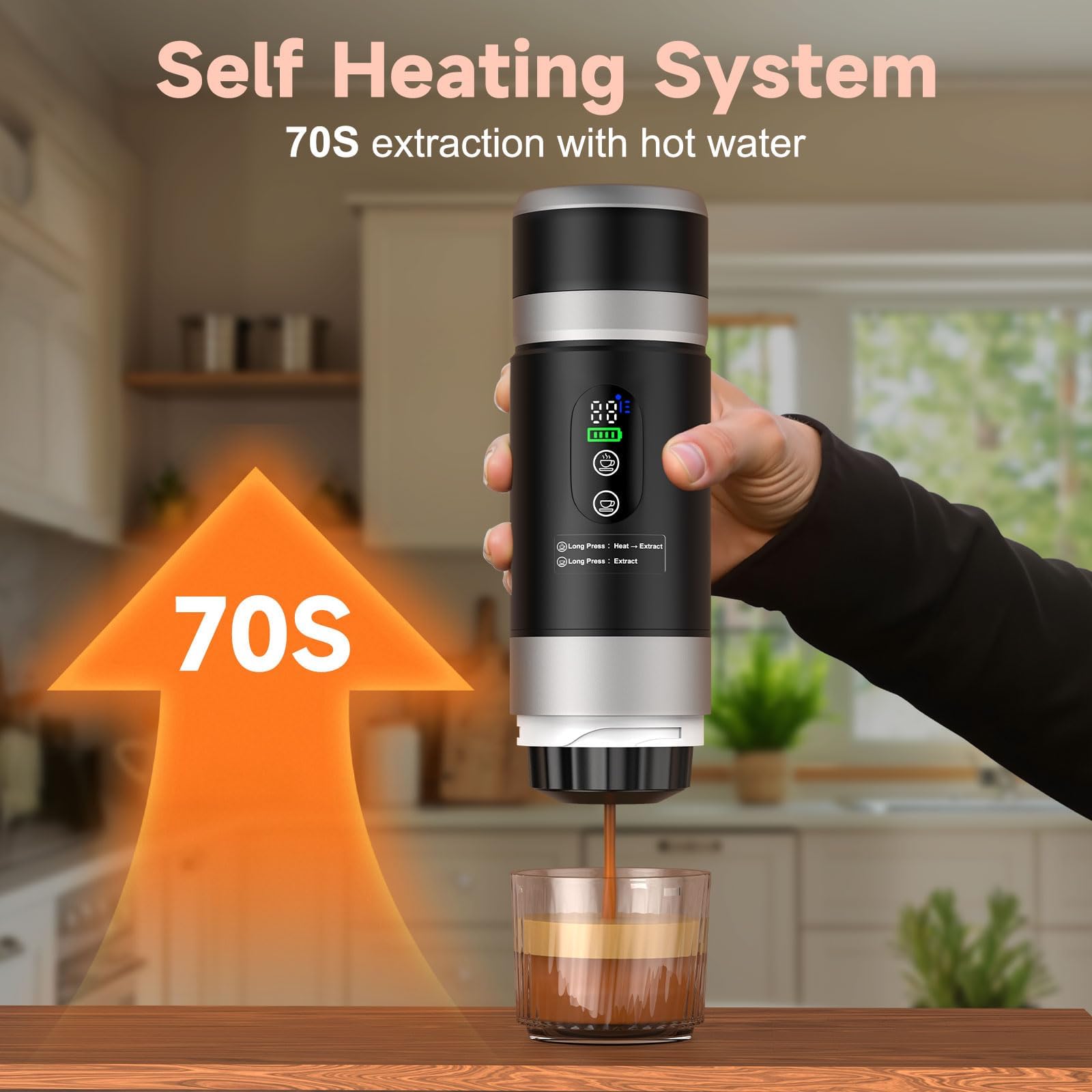 Macchina da Caffè Espresso Elettrica Portatile dotato di batteria rimovibile, Macchina Caffe Portatile 3 In 1 Macchina Caffe, 5 Minuti Auto-Riscaldamento, con USB-C, con caffè macinato e capsula NS