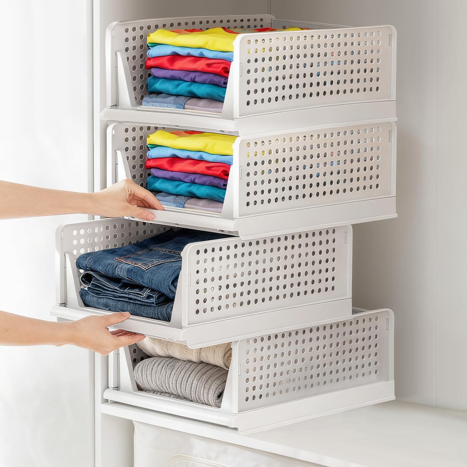 4 Pack White Foldable Closet Organizer Stackable Storage Boxes