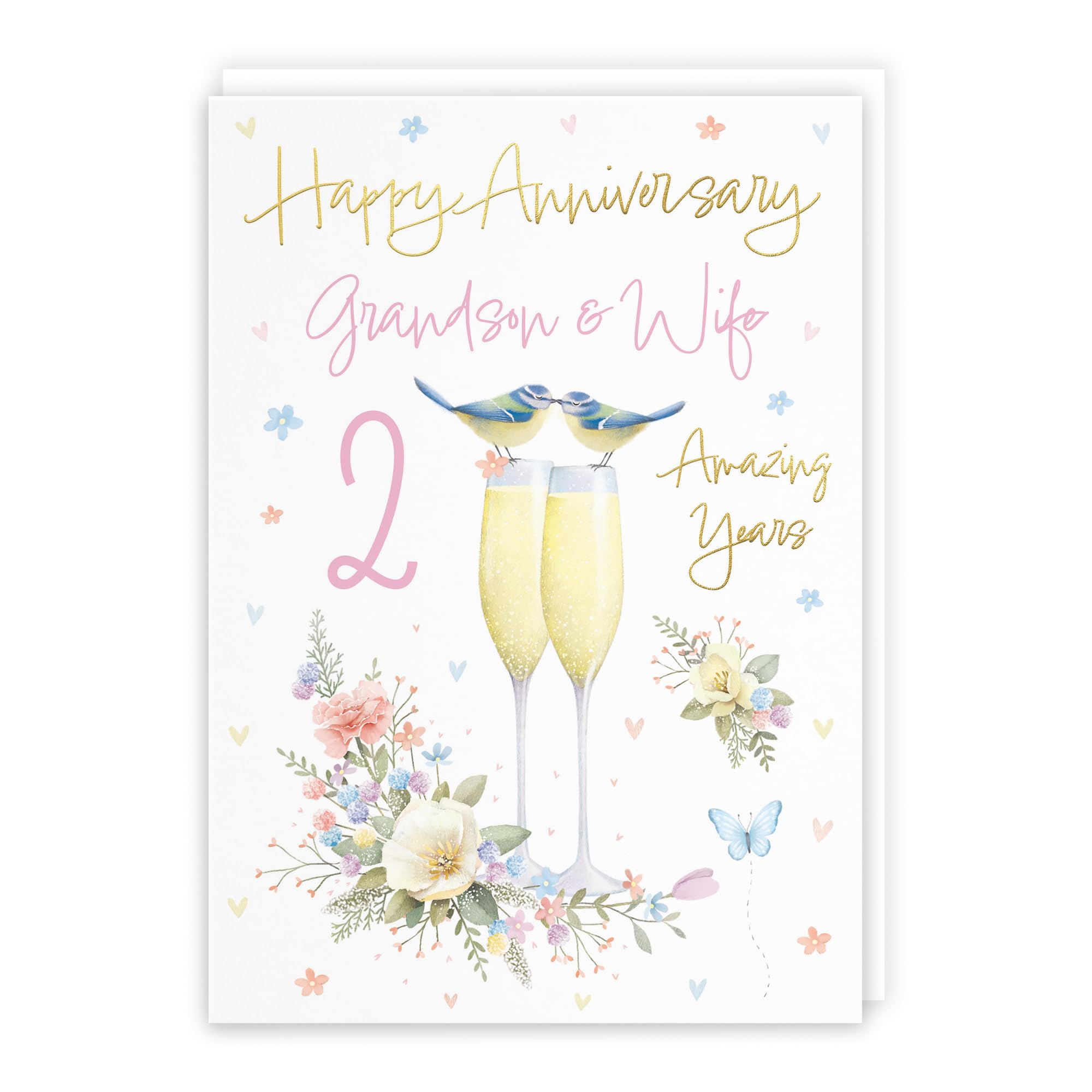 Hunts England - Grandson And Wife 2nd Anniversary Card - A5 Size - Champagne Flutes - Gold Foil - 2nd Anniversary Card For Grandson And Wife - Milo's Gallery โ image 1