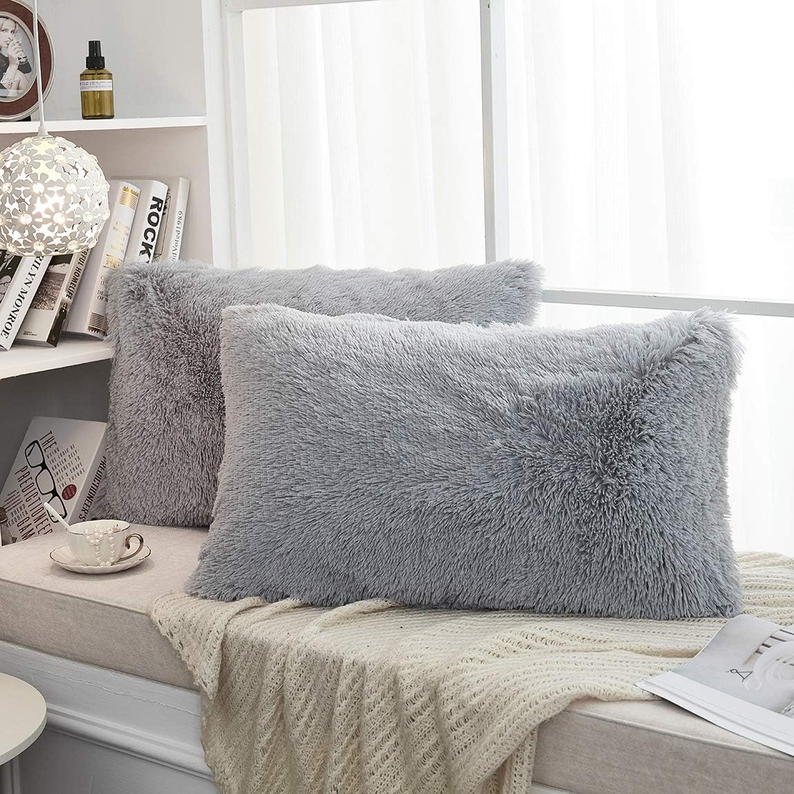 JAUXIO Long Faux Fur Soft Soild Decorative Pillowcase