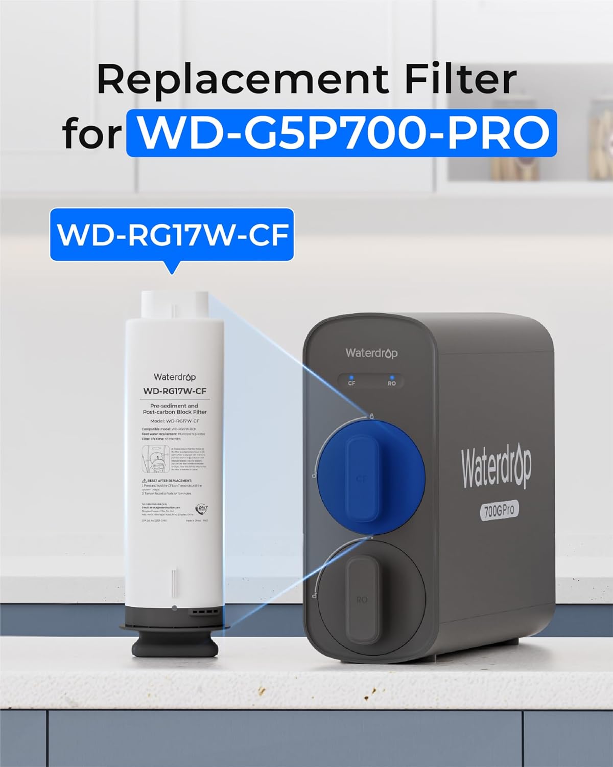 Waterdrop WD-G5P700-Pro-CF Filter, Replacement for WD-G5P700-Pro Undersink Reverse Osmosis System, 6-month Lifetime - Image 2