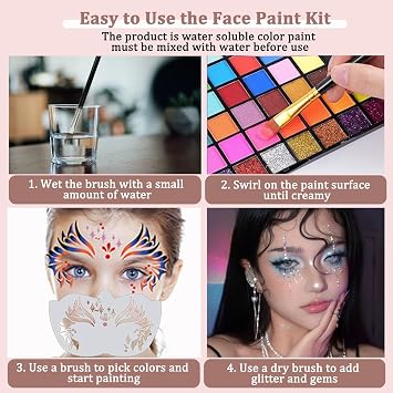 54 Color Face Painting Kit, Non Toxic Water Activated Face Paint kit Professional Palette with Multiple Facepaint Makeup Tools for Halloween, Carnival, Party, Creative Activities