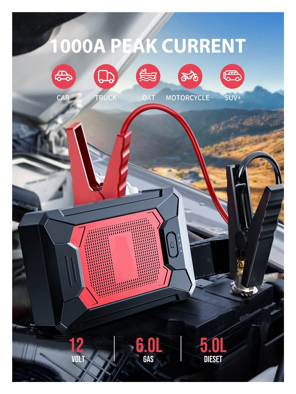 Cargador de Goteo Inteligente Coche 1000A 12000mAh Banco de energía portátil Mini Cargador de batería automático Impermeable Accesorios de Coche de batería Externa