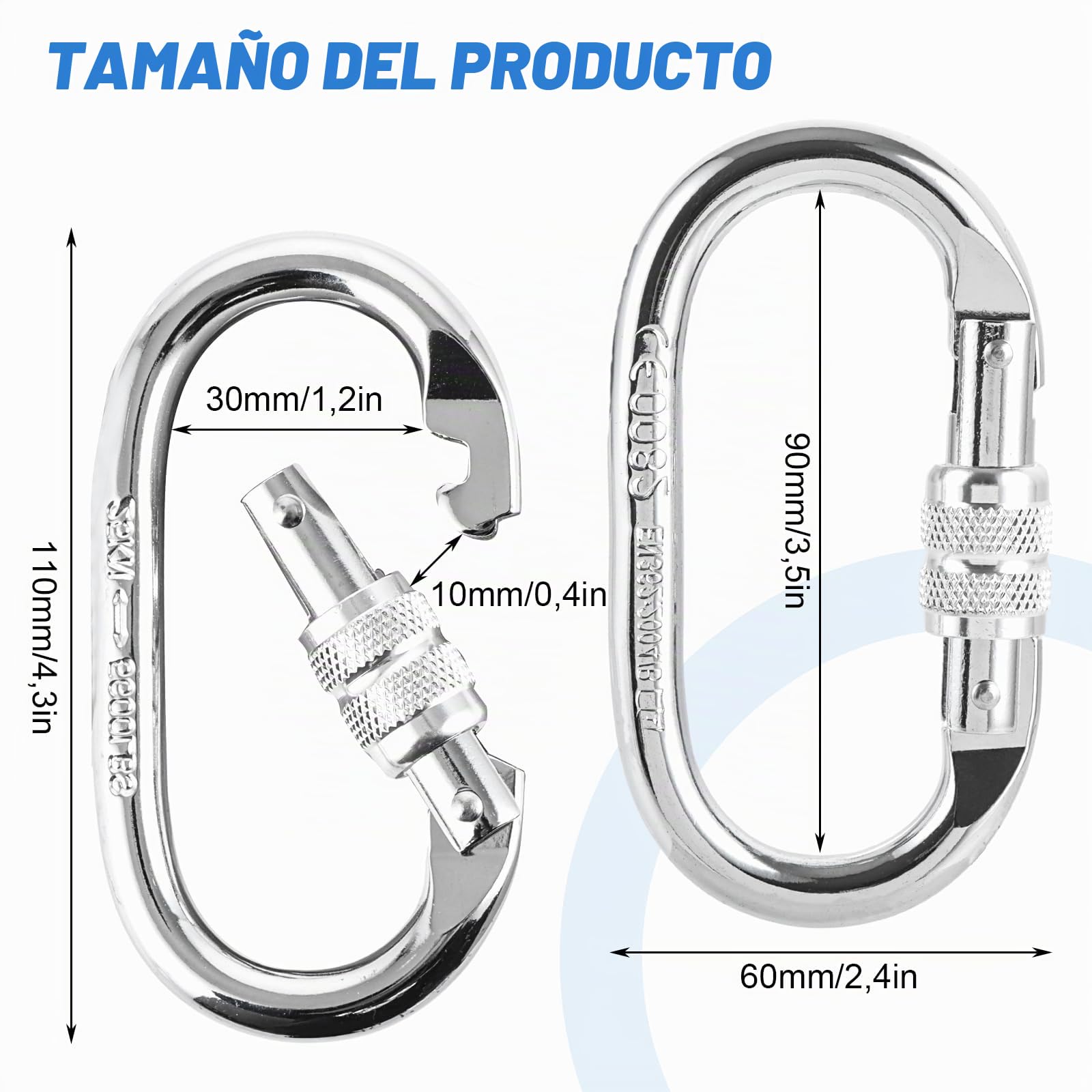 Mosquetón Grande de Aleación, 25KN (2500KG), 11cm Plateado, 3 Unidades - Carabiner para Hanging & Trekking, Mosquetones Grandes con Cierre de Rosca