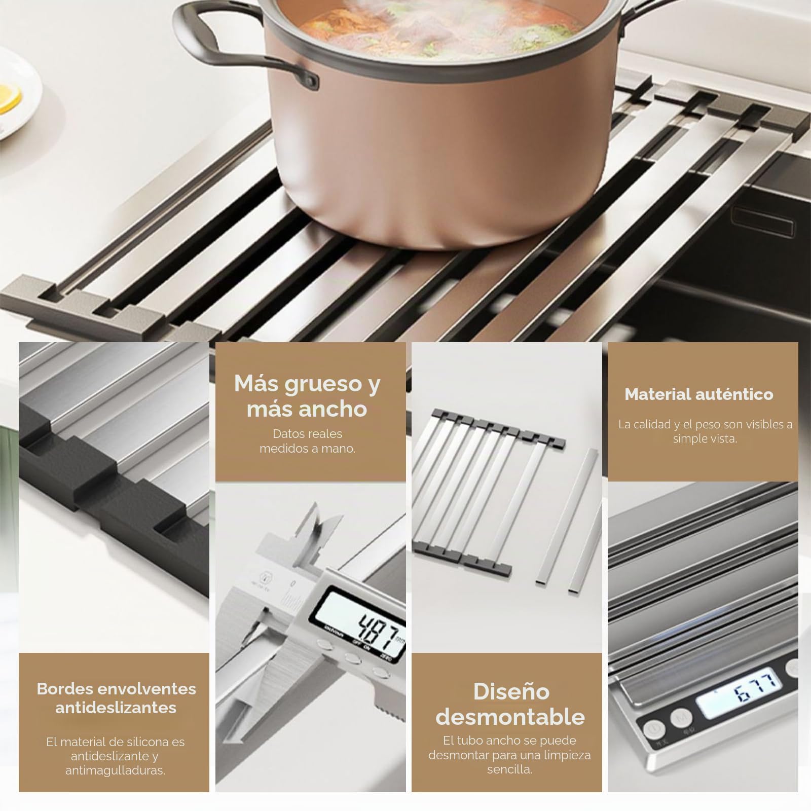 Escurreplatos para el fregadero, Escurreplatos plegable de acero inoxidable para la cocina, alfombrilla para escurrir, escurridor resistente al calor (55 x 32,5 cm)