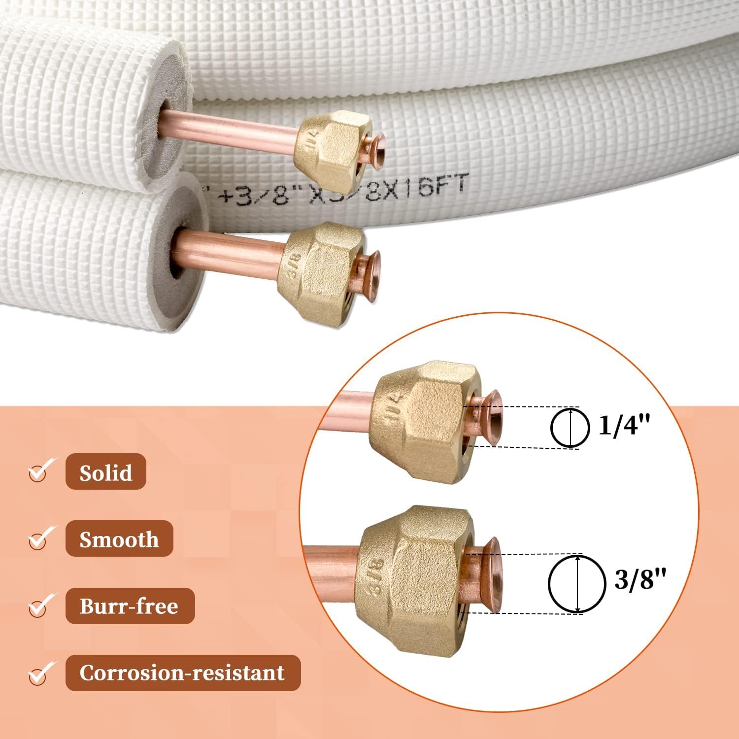 Wostore 2x 5m 1/4"+3/8" Zoll Kupferleitungen Kältemittelleitungen Isoliert Kupferrohr für 9000 Montage-Kit